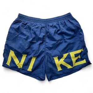 Vintage 90s Nike Swoosh Mesh Lined Swim Gym Shorts Navy Blue Yellow Logo Nylon L